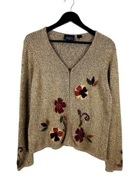 Liz Claiborne Beige Zip-Front Cardigan with Floral Appliqué Size Medium